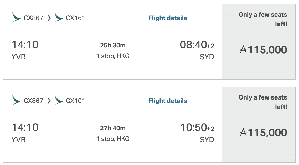 Asia Miles Vancouver to Sydney via Hong Kong for 115,000 miles